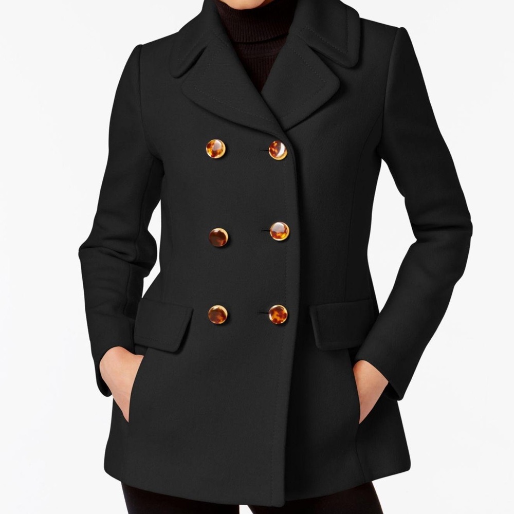 Kate Spade Bow Back Wool Blend Double Breasted Black Pea Coat Women’s Size XL